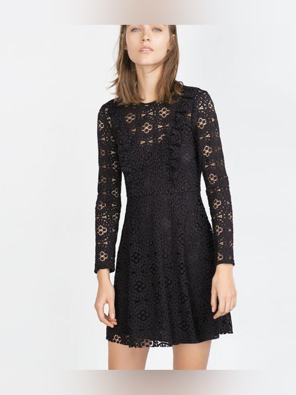 ZARA WOMEN Black Long-Sleeve Lace Fit & Flare Dress (S)